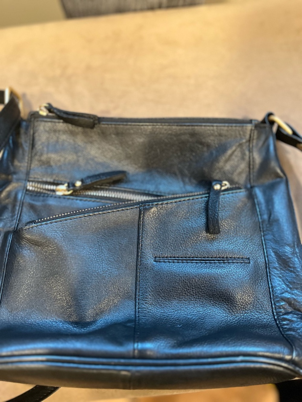 Classic Black Leather Crossbody Bag with Front Zip Pockets American Leatherworks